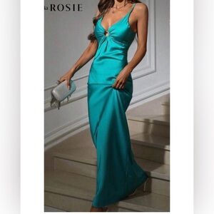 Elegant WORN ONCE Teal Aqua Blue Satin Evening Gown